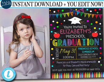 May include: A colorful chalkboard style invitation for a preschool graduation party. The invitation features a photo placeholder, a graduation cap, and the text "You're Invited To Elizabeth's Preschool Graduation". The invitation also includes the date, time, and location of the event.