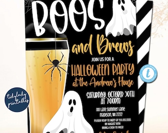 May include: Black and white Halloween party invitation with a ghost and a glass of beer with a spider. The text reads "Boo's and Brews, Join us for a Halloween Party at the Andrew's House, Saturday, October 30th at 7:00pm, 1111 Late Summer Lane, Madison, WI 77777, Please RSVP to Mary at 555.555.5555 by August 10th, Bring a dish to pass! Costumes Required!"