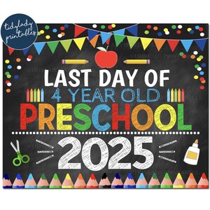 Ultimo giorno di scuola materna per bambini di quattro anni 2025, cartello di fine scuola stampabile, coriandoli per bambini nei colori primari, download digitale istantaneo