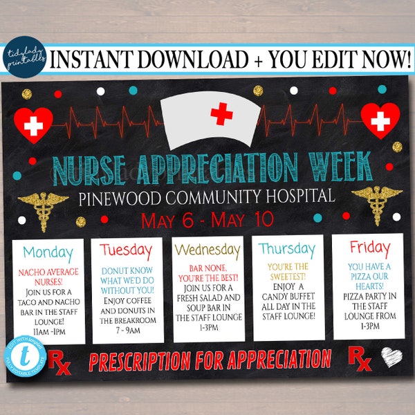 EDITABLE Nurses Appreciation Week Itinerary Poster, Heart Medical National Nurses Week Itinerary Schedule Events INSTANT DOWNLOAD Printable