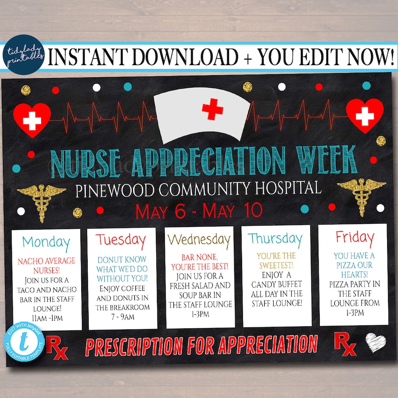 EDITABLE Nurses Appreciation Week Itinerary Poster Heart Etsy
