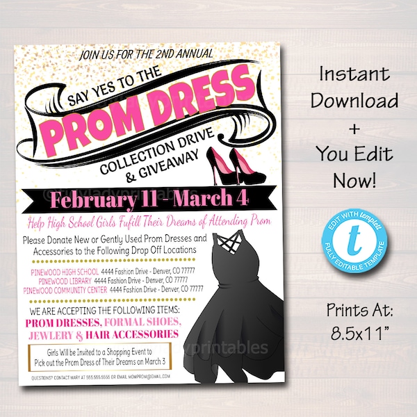 Prom Dress Fundraiser Flyer, Prom Dress Donation Drive, Fundraising Template, Church School Pto Pta, Prom Invitation, Printable Editable