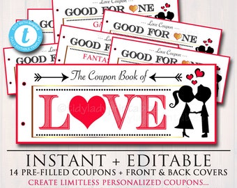 EDITABLE Love Coupon Book, INSTANT DOWNLOAD, Printable Love Coupons, Romantic Gift for Him, Sexy Valentine&#39;s Gift Spouse, Husband, Boyfriend