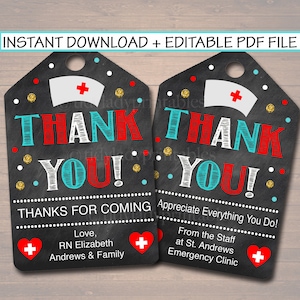 Printable Nurse Thank You Tags, Nurse Appreciation Week Gift INSTANT + EDITABLE, RN Nurse Graduation Retirement Favor Label Tag Digital File