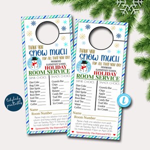 Holiday Room Service Door Hanger, INSTANT DOWNLOAD, Christmas Staff Appreciation Ideas, Printable Editable Thank You Tags, School Pto Pta