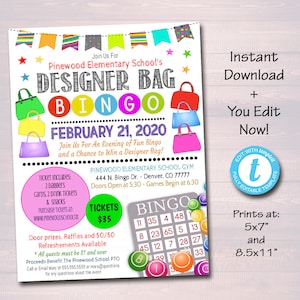 Designer Bag Bingo Night Flyer, Printable School Pto Pta Family Womens Fundraiser Event, Community Church Bingo Fundraiser Editable Template image 1