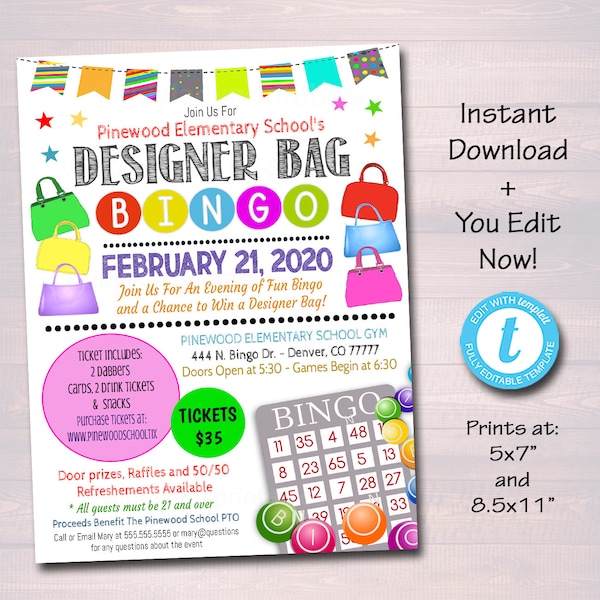 Designer Tasche Bingo Night Flyer, druckbare Schule Pto Pta Familie Womens Fundraiser Event, Community Church Bingo Fundraiser bearbeitbare Vorlage