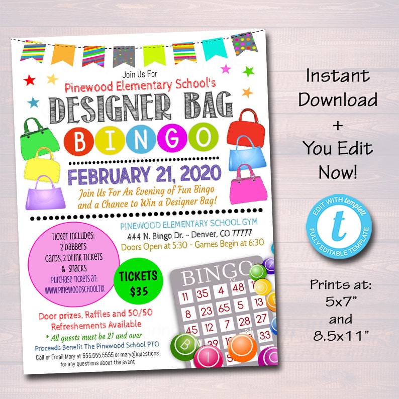 Designer Bag Bingo Night Flyer, Printable School Pto Pta Family Womens Fundraiser Event, Community Church Bingo Fundraiser Editable Template image 1