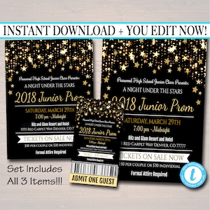 EDITIERBARE Abschlussball-Set, Tanz-Flyer-Einladungs-Karte Sternennacht, Goldglitter unter den Sternen High-School-Event, Pto, Pta INSTANT DOWNLOAD