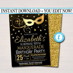 EDITABLE Masquerade Birthday Invitation, Printable Surprise Party Invite Glam Birthday Digital Invite, Mask Any Age Party INSTANT DOWNLOAD