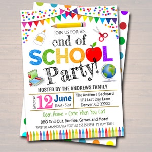 May include: A colorful invitation for an end of school party. The invitation features a red apple, a globe, a pencil, scissors, glue, and books. The text reads "Join us for an end of school party!" and includes the date, time, and location of the party. RSVP information is also included.