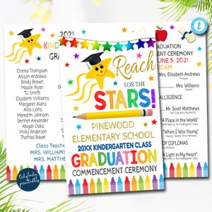 May include: A colorful graduation announcement for a kindergarten class. The announcement features a yellow star with a graduation cap, a pencil, and the text "Reach for the Stars!"  The announcement also includes the name of the school, Pinewood Elementary School, and the date of the graduation ceremony, June 5, 2021.