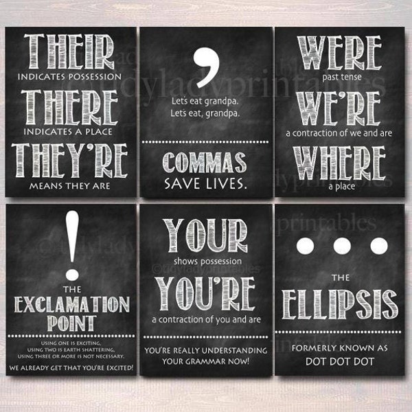 Set of 8 English Grammar Punctuation Posters, Classroom Grammar Art INSTANT DOWNLOAD Classroom Decor, High School English Teacher Printables