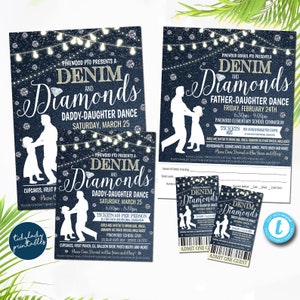 Daddy Daughter Dance, Denim und Diamonds Blue Jeans und Bling Theme, Schule Pto Pta, Church Fundraiser Flyer Invite Ticket EDITIERBARE VORLAGE