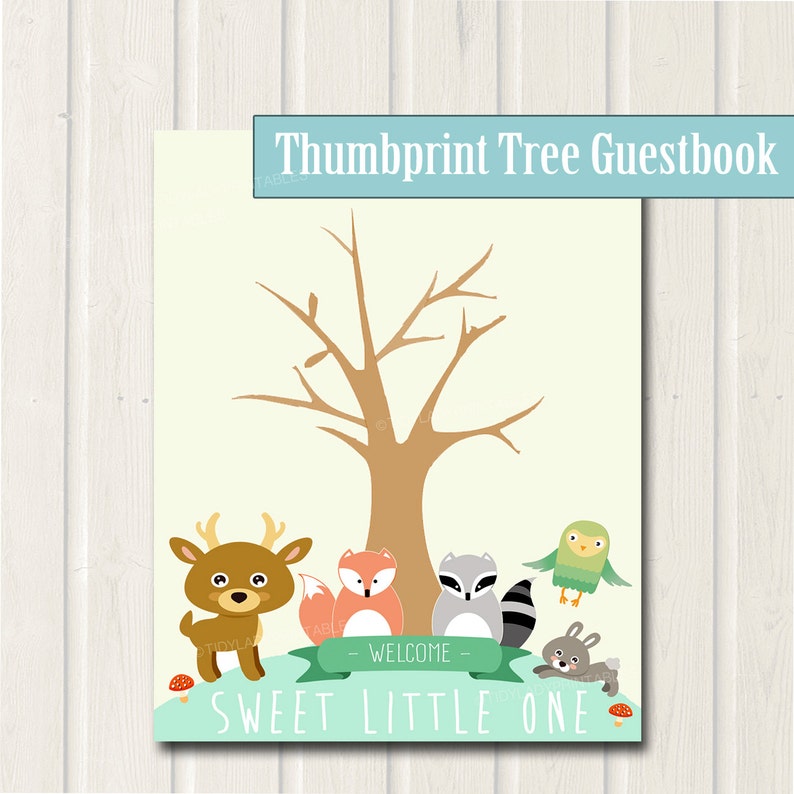 Forest Animals Woodland Baby Shower Thumbprint Tree, INSTANT DOWNLOAD, Printable Baby Shower Guestbook, Forest Friends Themed Baby Shower image 4