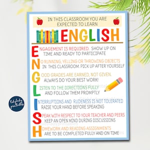 ENGLISH Classroom Poster,  English Classroom Decor, Classroom Rules Poster, High School English Teacher, English Teacher Gifts, ELA Teacher