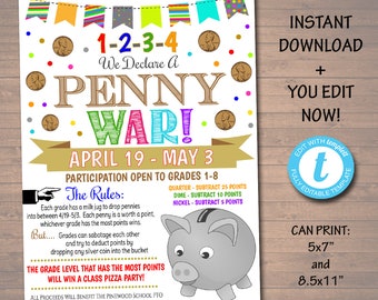EDITABLE Penny War Fundraiser Flyer, Printable Handout, School Fundraiser Event, Church, Nonprofit PTO PTA Event, Instant Download Template