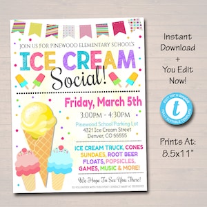 Ice Cream Social Flyer, Teacher Appreciation Week, Printable Ice Cream Fundraiser Party Invite, Church School pta pto, EDITABLE TEMPLATE