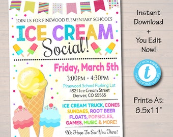 Ice Cream Social Flyer, Teacher Appreciation Week, Printable Ice Cream Fundraiser Party Invite, Church School pta pto, EDITABLE TEMPLATE