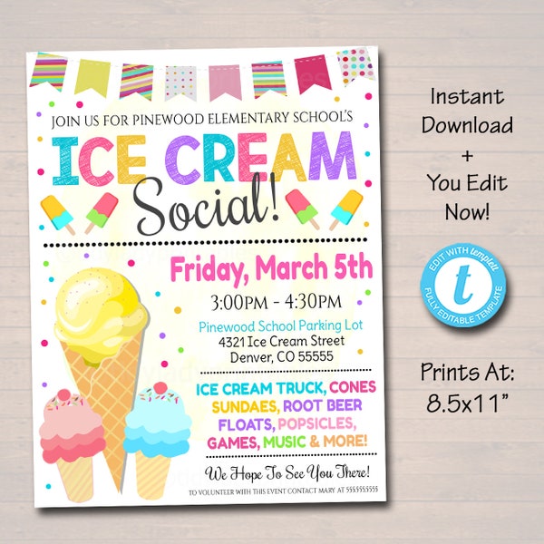 Ice Cream Social Flyer, Teacher Appreciation Week, Printable Ice Cream Fundraiser Party Invite, Church School pta pto, EDITABLE TEMPLATE