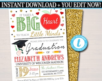 Teacher Graduation Invitation: Chalkboard Apple Design (Editable Template)