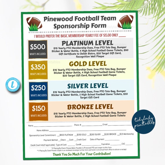 Football Sponsorship Form, Sponsership Membership Donation Signup Printable Handout, Team School Sports Fundraiser Event, EDITABLE TEMPLATE Il_570xn