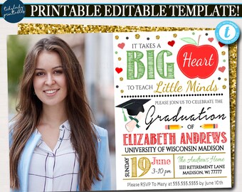 Teacher Graduation Invitation: Chalkboard Apple Design (Editable Template)