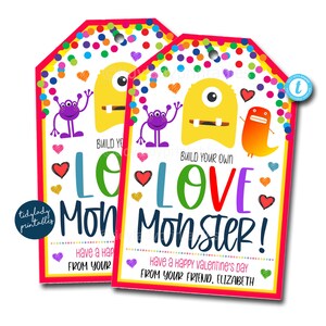 Valentine Love Monster Geschenkanhänger, Geschenketiketten Valentinstag Pop Its Lehrer Klassenzimmer Tags, Regenbogen Kinderspielzeug, Non Candy EDITIERBARE VORLAGE