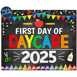 Premier jour de garderie 2025, panneau imprimable pour la rentrée des classes, confettis bannière garçon couleurs primaires, téléchargement numérique immédiat
