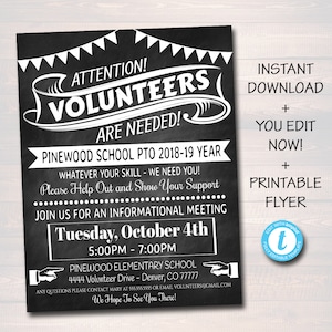 EDITABLE Volunteer Recruitment Flyer, Printable Handout, School Fundraiser Event, Why Volunteer School PTO PTA Template, Instant Download