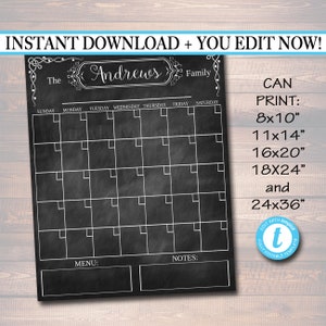 EDITABLE Printable Family Calendar Chalkboard Wall Art, Command Center, Family Schedule Organizer, Chalkboard Art Modern Home Decoration