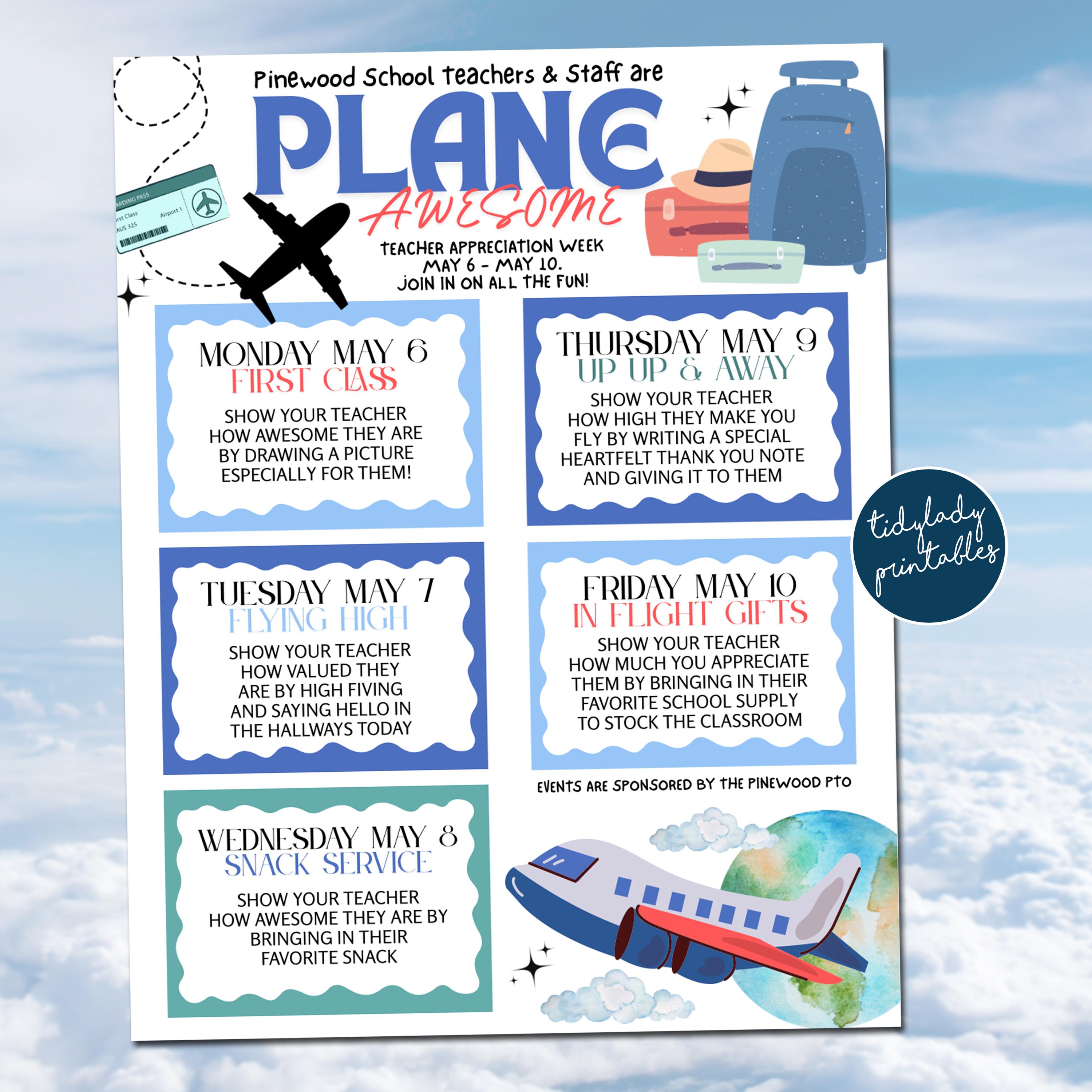 World Travel Theme Teacher and Staff Appreciation Week, Plane Awesome World Itinerary Poster, Digital File, Nurse Cna Schedule Events flyer