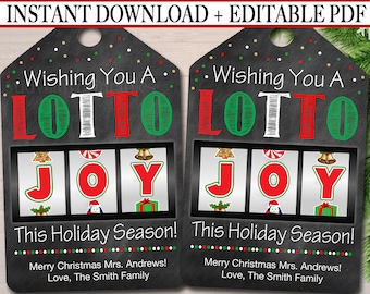 May include: Two printable Christmas gift tags with a chalkboard background. The tags feature a slot machine design with the words "Wishing You A LOTTO JOY" and a message that says "This Holiday Season! Merry Christmas Mrs. Andrews! Love, The Smith Family".