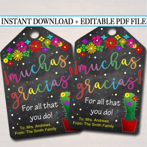 EDITABLE Appreciation Gift Tags, Teacher Nurse Staff Volunteer Gift INSTANT DOWNLOAD Printable Mexican Fiesta Themed Label Gift From Student