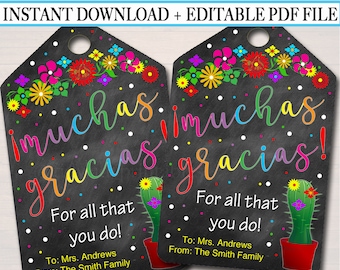May include: Two printable gift tags with a chalkboard background and colorful flowers. The text on the tags reads "muchas gracias" with a cactus illustration. The tags are editable and can be personalized with a name and message.