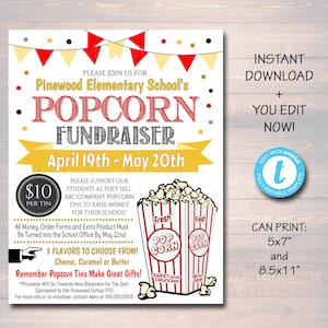 EDITABLE Popcorn Fundraiser Flyer, Printable PTA, PTO, School Church Popcorn Fundraiser Event, Team Sports Charity Printable Digital Invite
