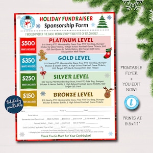 Holiday Fundraiser Sponsorship Form, Sponsership Membership Donation Signup Printable Handout, Christmas Fundraiser Event, EDITABLE TEMPLATE