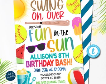 Puede incluir: Una invitación colorida a una fiesta de cumpleaños con el texto "Swing on over for some fun in the sun" y "Allison's 8th Birthday Bash!" La invitación presenta un bate de béisbol, gafas de sol, una sandía, una pelota de playa, una paleta de hielo y un cubo y una pala. La invitación es para el 26 de junio a las 12:00 PM.