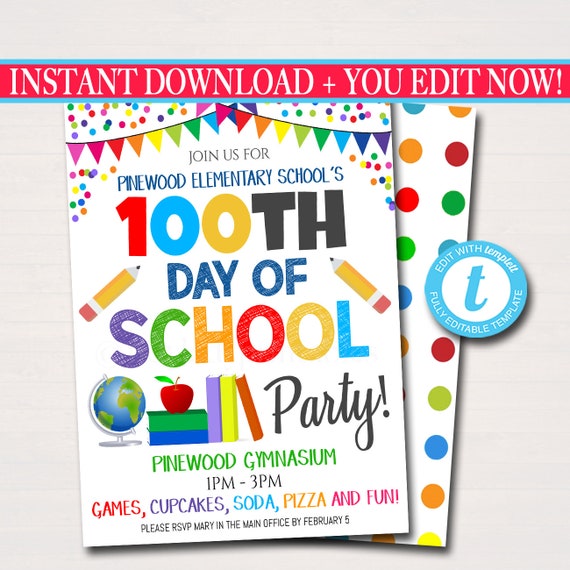100th Day of School Class Party Invitation, School pto pta, Printable Party Invite 100 Days Smarter Kids Teacher Classroom, INSTANT DOWNLOAD Il_570xn