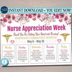 EDITABLE Nurses Appreciation Week Itinerary Poster, Heart Medical National Nurses Week Itinerary Schedule Events INSTANT DOWNLOAD Printable