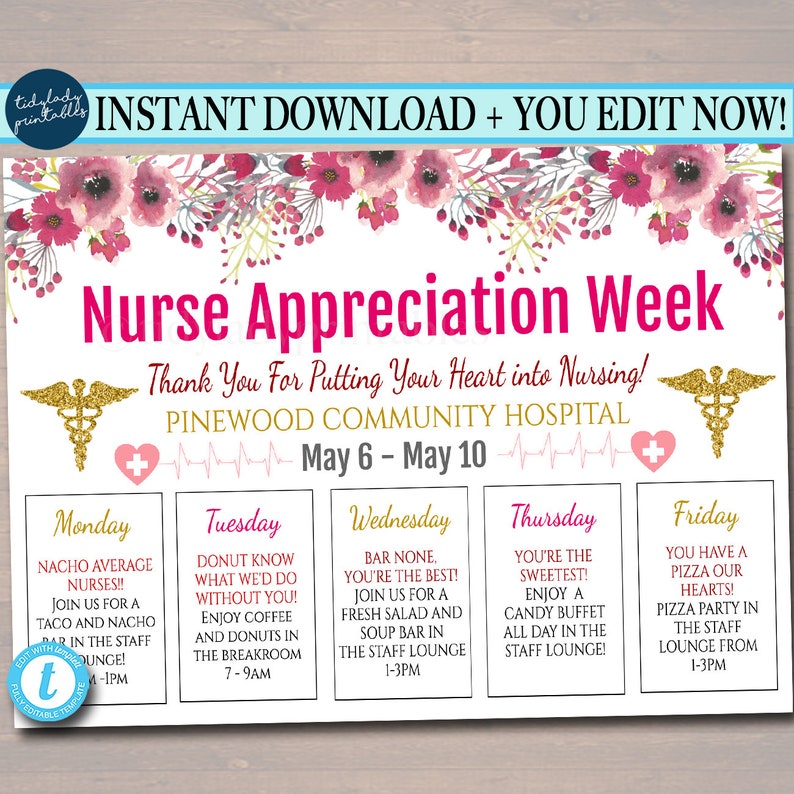 EDITABLE Nurses Appreciation Week Itinerary Poster Heart Etsy