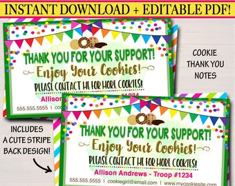 Notas de agradecimiento de galletas Scout: Tarjetas imprimibles y editables (descarga instantánea)