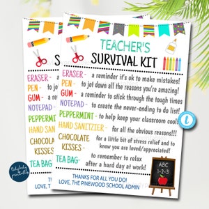 EDITABLE Teacher Survival Kit Printable, Back to School Teacher Gift, Pta, Back to School Teacher Appreciation, Thank You Gift Idea TEMPLATE