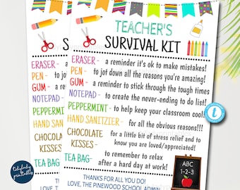 EDITABLE Teacher Survival Kit Printable, Back to School Teacher Gift, Pta, Back to School Teacher Appreciation, Thank You Gift Idea TEMPLATE