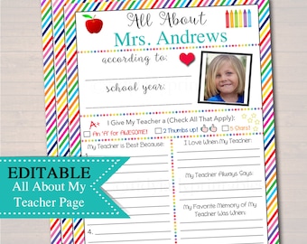 EDITABLE Teacher Gift, End of School Year About Me Page INSTANT DOWNLOAD Printable Teacher Appreciation Teacher Gift From Student Class Book