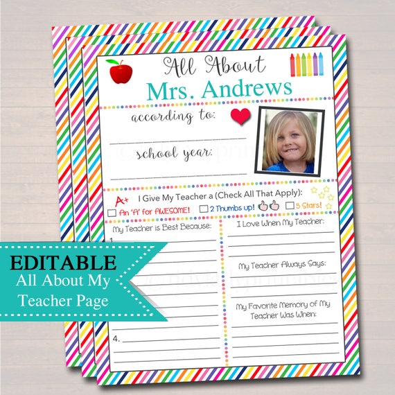 EDITABLE Teacher Gift, End of School Year About Me Page INSTANT DOWNLOAD Printable Teacher Appreciation Teacher Gift From Student Class Book Il_570xn