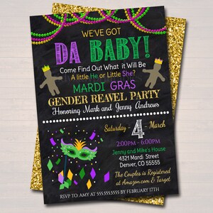 EDITABLE Mardi Gras Gender Reveal Party Invitation, Green Purple Gold Invite Baby Shower Sprinkle King or Queen New Orleans INSTANT DOWNLOAD image 2