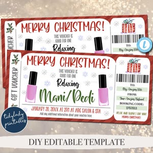Weihnachten Mani Pedi Spa Day Gutschein, Maniküre Pediküre Ticket druckbare Vorlage, Weihnachtsgeschenk für sie, Relax Surprise Geschenkidee, EDITIERBAR