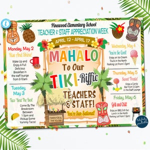 EDITABLE Hawaiian Themed Teacher Appreciation Week Itinerary Beach Theme Poster Appreciation Week Schedule Events INSTANT DOWNLOAD Printable