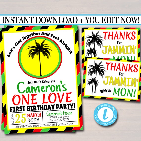 Editable One Love First Birthday Party Invitation Jamaica Reggae
